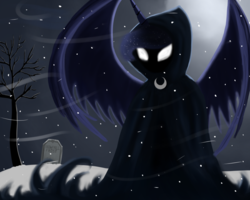 Size: 900x720 | Tagged: dead source, safe, artist:lunaerix, princess luna, spirit of hearth's warming yet to come, a hearth's warming tail, g4, cloak, clothes, female, glowing eyes, gravestone, solo