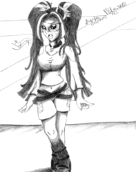 Size: 3000x3800 | Tagged: safe, artist:mark-terron, aria blaze, equestria girls, g4, breasts, busty aria blaze, clothes, female, grayscale, high res, monochrome, shorts, shoulderless, singing, solo, traditional art