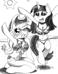 Size: 3000x3800 | Tagged: safe, artist:mark-terron, applejack, twilight sparkle, anthro, unguligrade anthro, g4, arm hooves, armpits, beach, belly button, bikini, breasts, busty applejack, busty twilight sparkle, cleavage, clothes, female, grayscale, high res, jumping, kneeling, monochrome, swimsuit, traditional art