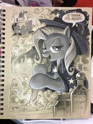 Size: 768x1024 | Tagged: safe, artist:andy price, trixie, twilight sparkle, alicorn, pony, vulture, g4, cauldron, epitaph, gravestone, looking at you, traditional art, twilight sparkle (alicorn), witch, x eyes