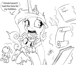 Size: 1280x1086 | Tagged: safe, artist:silfoe, princess cadance, princess flurry heart, smarty pants, royal sketchbook, g4, dialogue, drool, grayscale, magic, messy mane, monochrome, mother and daughter, speech bubble, telekinesis