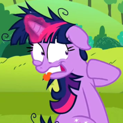 Size: 354x354 | Tagged: safe, screencap, twilight sparkle, g4, lesson zero, cropped, female, glowing horn, horn, magic, solo, tongue bite, twilight snapple