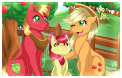 Size: 1550x989 | Tagged: safe, artist:pillonchou, apple bloom, applejack, big macintosh, granny smith, earth pony, pony, g4, cowboy hat, freckles, hat, male, open mouth, orchard, rocking chair, stallion, stetson, sweet apple acres, wink