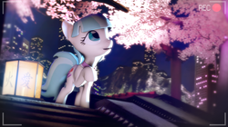 Size: 1920x1079 | Tagged: safe, artist:doge4ce, coco pommel, earth pony, pony, g4, 3d, cherry blossoms, female, flower, japanese, lantern, manehattan, raised hoof, solo, source filmmaker