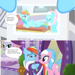 Size: 1101x1100 | Tagged: safe, screencap, aloe, lavender essence, lotus blossom, rainbow dash, applejack's "day" off, g4, my little pony: friendship is magic, ponyville confidential, text