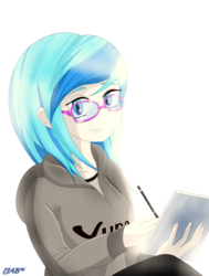 Size: 2500x3300 | Tagged: safe, artist:jabbie64, oc, oc only, oc:amazingpuffhair, human, equestria girls, g4, bright, clothes, cute, drawing, female, freckles, glasses, high res, hoodie, pen, solo, sweater