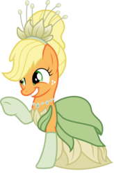 Size: 1736x2640 | Tagged: safe, artist:cloudy glow, applejack, earth pony, pony, g4, blonde, blonde mane, clothes, clothes swap, cosplay, costume, disney, disney princess, female, freckles, jewelry, mare, necklace, princess tiana, raised hoof, simple background, solo, the princess and the frog, tiana, transparent background, vector
