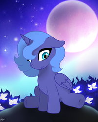 Size: 958x1190 | Tagged: safe, artist:pinkamenascratch, princess luna, g4, crying, female, filly, floppy ears, flower, moon, night, sad, solo, stars, woona