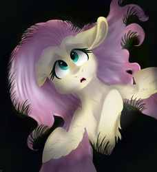 Size: 1024x1123 | Tagged: safe, artist:lillus1234, fluttershy, pegasus, pony, g4, amazed, bust, colored wings, colored wingtips, female, floppy ears, grass, high angle, hoof on chest, looking at something, looking up, lying down, on back, open mouth, portrait, solo, spread wings, wings