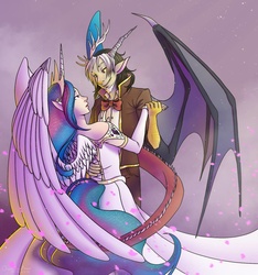 Size: 1500x1600 | Tagged: safe, artist:osnaseufzer, discord, princess celestia, human, g4, clothes, dancing, dress, eared humanization, female, horn, horned humanization, humanized, male, pony coloring, ship:dislestia, shipping, straight, tailed humanization, winged humanization