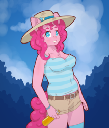 Size: 3000x3500 | Tagged: safe, artist:omegaozone, pinkie pie, earth pony, anthro, g4, alcohol, beer, breasts, busty pinkie pie, chubby, cleavage, clothes, female, hat, high res, plump, shorts, socks, solo, tank top