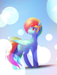 Size: 2406x3149 | Tagged: dead source, safe, artist:exeini, artist:mirroredsea, artist:share dast, rainbow dash, pegasus, pony, g4, alternate hairstyle, collaboration, female, folded wings, high res, mare, solo, standing