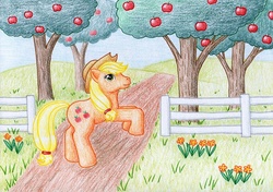 Size: 1024x722 | Tagged: safe, artist:normaleeinsane, applejack, g4, apple, female, flower, food, solo, traditional art, tree