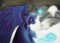 Size: 2000x1414 | Tagged: safe, artist:crimson, princess luna, spirit of hearth's warming yet to come, alicorn, pony, a hearth's warming tail, g4, cape, clothes, digital art, digital painting, female, horn, magic, snow, solo, wings, winter