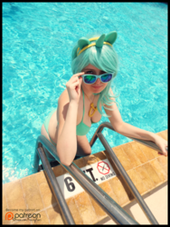 Size: 1505x2000 | Tagged: safe, artist:krazykari, lyra heartstrings, human, g4, bikini, clothes, cosplay, costume, irl, irl human, looking at you, photo, solo, sunglasses, swimming pool, swimsuit