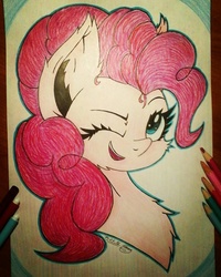 Size: 1232x1540 | Tagged: safe, artist:jennypaige, pinkie pie, g4, bust, chest fluff, female, portrait, solo, traditional art, wink