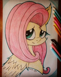 Size: 1232x1540 | Tagged: safe, artist:jennypaige, fluttershy, g4, bust, chest fluff, female, looking at you, portrait, solo, traditional art