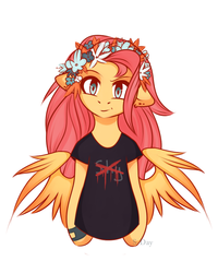 Size: 646x807 | Tagged: safe, artist:s-day, fluttershy, semi-anthro, g4, clothes, ear piercing, female, floppy ears, floral head wreath, looking at you, piercing, shirt, simple background, smirk, solo, t-shirt, white background, wreath