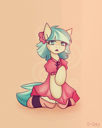 Size: 646x807 | Tagged: safe, artist:s-day, coco pommel, g4, clothes, dress, female, kneeling, socks, solo