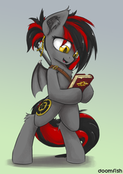 Size: 1280x1811 | Tagged: safe, artist:blvckmagic, oc, oc only, oc:tomoko tanue, bat pony, pony, fallout equestria, bipedal, book, female, gun, mare, ponytail, rifle, sniper rifle, solo, weapon