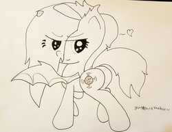 Size: 2744x2117 | Tagged: safe, artist:bronybehindthedoor, oc, oc only, oc:moon wave, bat pony, pony, bedroom eyes, butt, female, heart, high res, looking back, monochrome, plot, signature, solo, traditional art