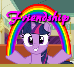 Size: 496x450 | Tagged: safe, edit, edited screencap, screencap, twilight sparkle, alicorn, pony, g4, season 6, the saddle row review, diner, idiot box, image macro, meme, rainbow, shrug, spongebob squarepants, twilight sparkle (alicorn)