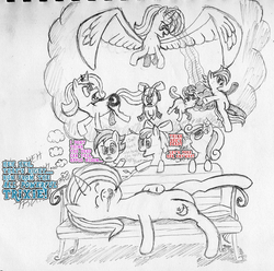 Size: 1271x1260 | Tagged: safe, artist:okami-ano-usagi, apple bloom, princess luna, scootaloo, sweetie belle, trixie, alicorn, pony, g4, alicornified, cutie mark crusaders, dream, race swap, sketch, sketch dump, sleeping, traditional art, trixiecorn