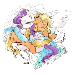 Size: 750x750 | Tagged: safe, artist:wan, applejack, rarity, applejack's "day" off, g4, cuddling, female, lesbian, ship:rarijack, shipping, snuggling, spa robe