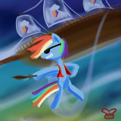 Size: 2000x2000 | Tagged: safe, artist:okami-ano-usagi, rainbow dash, g4, airship, female, flying, high res, pirate dash, solo, sword, weapon