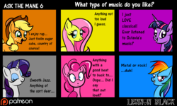 Size: 1024x613 | Tagged: safe, artist:lennonblack, applejack, fluttershy, pinkie pie, rainbow dash, rarity, twilight sparkle, alicorn, earth pony, pegasus, pony, unicorn, ask the mane six, g4, ask, country music, death metal, heavy metal, mane six, music, patreon, patreon logo, rock (music), smooth jazz, tumblr, twilight sparkle (alicorn)