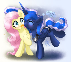 Size: 2250x1980 | Tagged: safe, artist:joakaha, fluttershy, princess luna, pony, g4, blushing, cute, dialogue, duo, eyes closed, face licking, female, lesbian, licking, open mouth, raised hoof, ship:lunashy, shipping, signature, speech bubble, tongue out