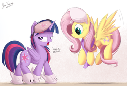 Size: 2220x1500 | Tagged: safe, artist:bugplayer, fluttershy, twilight sparkle, alicorn, pegasus, pony, g4, blanket, bunny slippers, clothes, cute, dialogue, duo, duo female, female, floating, mare, open mouth, pillow, scarf, shyabetes, signature, sleep mask, slippers, twiabetes, twilight sparkle (alicorn)