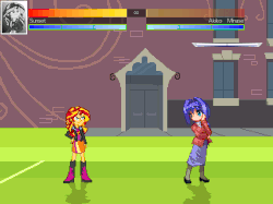 Size: 640x478 | Tagged: safe, artist:toonalexsora007, screencap, sunset shimmer, equestria girls, g4, akiko minase, animated, big crown thingy, cake, canterlot high, crossover, element of magic, eternal fighter zero, fight, food, harry partridge, idle animation, japanese, kanon, life bar, mugen, nicolas cage, table, wall eyed