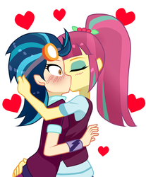 Size: 1160x1400 | Tagged: safe, artist:jadoc-san, indigo zap, sour sweet, human, equestria girls, g4, my little pony equestria girls: friendship games, blushing, bracelet, butt grab, butt touch, clothes, crystal prep academy, crystal prep academy uniform, crystal prep shadowbolts, eyes closed, female, goggles, grope, hand on butt, heart, kiss on the lips, kissing, lesbian, love, school uniform, ship:sourzap, shipping, surprise kiss