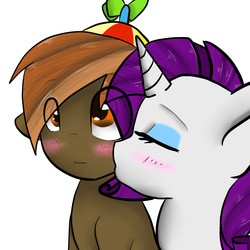 Size: 800x800 | Tagged: safe, artist:prismaticdragontamer, button mash, rarity, earth pony, pony, unicorn, g4, age difference, blushing, cheek kiss, colt, eyes closed, female, kissing, male, mare, rarimash, shipping, simple background, straight, straight shota, white background