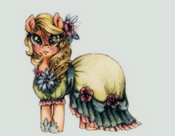 Size: 926x724 | Tagged: safe, artist:buttersprinkle, applejack, g4, alternate hairstyle, blushing, braid, clothes, dress, female, flower, solo, traditional art