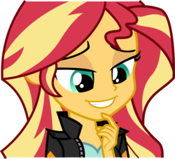 Size: 1827x1656 | Tagged: safe, artist:keronianniroro, sunset shimmer, equestria girls, g4, bedroom eyes, clothes, female, flash puppet, inkscape, leather jacket, simple background, solo, transparent background