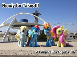Size: 726x543 | Tagged: safe, derpy hooves, fluttershy, rainbow dash, spitfire, pegasus, pony, g4, airport, control tower, female, funko, lax, los angeles, mare, ponies around the world, theme building, toy