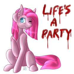 Size: 3000x3000 | Tagged: safe, artist:amazing-artsong, pinkie pie, fanfic:cupcakes, g4, blood, female, high res, one eye closed, pinkamena diane pie, solo, wink