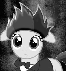 Size: 550x595 | Tagged: safe, big eyes, black and white, crazy mane, eraserhead, floppy ears, grayscale, monochrome, movie reference, solo