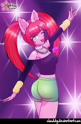 Size: 528x800 | Tagged: safe, artist:clouddg, pacific glow, anthro, g4, the saddle row review, anime face, arm warmers, ass, breasts, busty pacific glow, butt, cleavage, clothes, ear fluff, female, looking at you, midriff, open mouth, pacifier, shorts, sideboob, signature, solo
