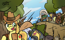 Size: 1920x1200 | Tagged: safe, artist:hotdog, braeburn, caramel, lucky clover, pony, g4, american revolution, appleloosa, militia