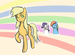 Size: 3000x2200 | Tagged: safe, artist:yuwentaiji, applejack, rainbow dash, rarity, g4, blushing, high res, offscreen rarijack, ship:rarijack, shipping