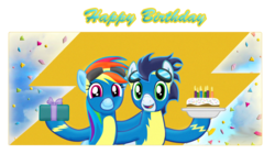 Size: 1535x857 | Tagged: safe, artist:majkashinoda626, rainbow dash, soarin', pony, g4, birthday, clothes, female, happy birthday, male, present, ship:soarindash, shipping, straight, wonderbolts uniform