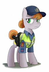Size: 864x1280 | Tagged: safe, artist:buckweiser, copper top, earth pony, pony, g4, the gift of the maud pie, cap, clothes, female, gun, hat, highway patrol, philippines, police officer, police uniform, signature, solo, weapon