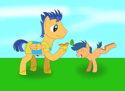 Size: 1024x744 | Tagged: safe, artist:allonsbro, first base, flash sentry, earth pony, pegasus, pony, g4, brothers, carrot, carrot dog, colt, duo, food, happy, male, orange bros, stallion