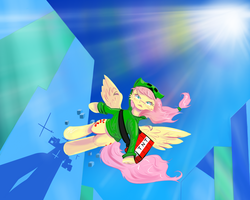 Size: 1280x1024 | Tagged: safe, artist:kwendynew, fluttershy, g4, clothes, creeper, creepershy, crepuscular rays, crossover, cubes, explosives, female, fusion, looking at you, minecraft, mirror's edge, solo, sun, tnt