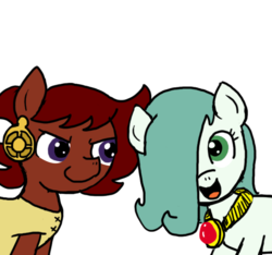 Size: 640x600 | Tagged: safe, artist:ficficponyfic, color edit, edit, oc, oc only, oc:emerald jewel, oc:ruby rouge, earth pony, pony, colt quest, amulet, child, clothes, color, colored, colt, cute, cyoa, ear piercing, earring, female, femboy, filly, foal, hair over one eye, male, mischievous, piercing, planning, plotting, reverse trap, smirk, tomboy, trap
