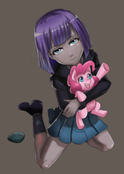 Size: 800x1125 | Tagged: safe, artist:tzc, boulder (g4), maud pie, pinkie pie, earth pony, pony, equestria girls, g4, boots, brown background, clothes, cute, equestria girls-ified, holding a pony, looking at you, pleated skirt, simple background, skirt