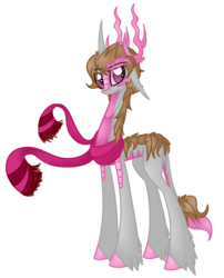 Size: 1044x1292 | Tagged: safe, artist:australian-senior, kirin, kirindos, alternate universe, antlers, clothes, colored hooves, colored sclera, fact core, pink eyes, ponified, portal (valve), portal 2, scales, scarf, simple background, solo, transparent background, unshorn fetlocks